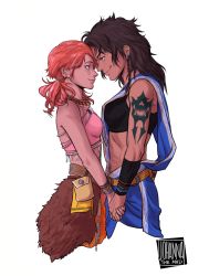Rule 34 | 10s, 2girls, artist name, beads, black hair, braid, brown hair, couple, cowboy shot, dark-skinned female, dark skin, earrings, eye contact, female focus, final fantasy, final fantasy xiii, highres, holding hands, indian clothes, jewelry, johannathemad, long hair, looking at another, low twintails, midriff, multiple girls, navel, oerba dia vanille, oerba yun fang, orange hair, pelt, pink hair, profile, sash, short twintails, simple background, smile, tattoo, toned, twintails, upper body, watermark, white background, yuri