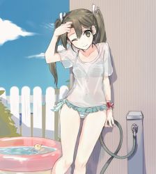 Rule 34 | 1girl, ;), adjusting hair, against wall, alternate costume, arm at side, arm up, bare legs, bikini, blue sky, cloud, collarbone, day, fence, frilled bikini, frills, green eyes, green hair, hair between eyes, hair ribbon, kantai collection, long hair, looking at viewer, navel, one eye closed, ribbon, rubber duck, see-through, shirt, short sleeves, sky, smile, solo, stomach, striped bikini, striped clothes, swimsuit, tareme, twintails, wading pool, water, white ribbon, white shirt, wrist cuffs, zp hn02, zuikaku (kancolle)