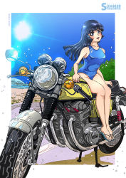 Rule 34 | absurdres, alternate costume, aoki reika, bare legs, beach, blue eyes, blue hair, blue one-piece swimsuit, blush, border, breasts, competition swimsuit, day, hair ornament, highres, honda cb750k, long hair, looking at viewer, medium breasts, motor vehicle, motorcycle, on motorcycle, one-piece swimsuit, open mouth, precure, road, sand, sandals, smile precure!, sunlight, swimsuit, takaishi fuu, white border