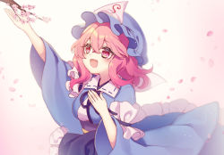 Rule 34 | 1girl, blue hat, blue kimono, blush, branch, breasts, cherry blossoms, commentary request, flower, frills, hand on own chest, hand up, hat, highres, japanese clothes, kimono, kyouda suzuka, medium breasts, medium hair, mob cap, open mouth, outstretched arm, petals, pink background, pink eyes, pink hair, saigyouji yuyuko, smile, solo, touhou, triangular headpiece, upper body, wide sleeves