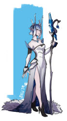 Rule 34 | 1girl, absurdres, antlers, black footwear, blue hair, breasts, cleavage, distr, dress, fingernails, full body, gradient dress, grey dress, high heels, highres, holding, holding staff, horns, jewelry, looking at viewer, medium breasts, necklace, original, pelvic curtain, pointy ears, sharp fingernails, shoes, short hair, side slit, sidelocks, signature, solo, staff, standing, strapless, strapless dress, white dress