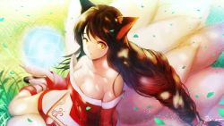 Rule 34 | 1girl, ahri (league of legends), animal ears, arm support, bad id, bad pixiv id, bibico, braid, breasts, brown hair, collarbone, detached sleeves, facial mark, fox ears, fox tail, from above, korean clothes, large breasts, league of legends, long hair, looking at viewer, looking up, multiple tails, off shoulder, open mouth, red shirt, shirt, single braid, sitting, skirt, skirt set, slit pupils, solo, tail, very long hair, whisker markings, white skirt, yellow eyes, yokozuwari
