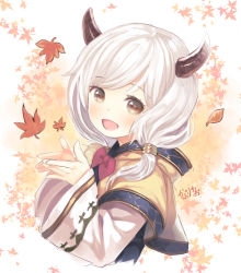 Rule 34 | 10s, 1girl, :d, artist name, bad id, bad pixiv id, blush, bow, bowtie, brown eyes, capriccio, demon horns, draph, falling leaves, from side, granblue fantasy, hair tubes, hibanar, horns, kumuyu, leaf, leaf background, long sleeves, low twintails, open mouth, red bow, red bowtie, short hair, signature, smile, solo, twintails, upper body