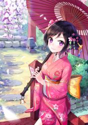 Rule 34 | 1girl, :3, beads, black hair, blurry, blush, breasts, bridge, bush, cowboy shot, depth of field, eyebrows, floral print, flower, from above, grass, hair bun, hair flower, hair ornament, hair stick, highres, holding, holding umbrella, japanese clothes, kanzashi, kimono, long sleeves, looking at viewer, looking to the side, mole, mole under eye, motion blur, obi, oil-paper umbrella, original, outdoors, petals, pink flower, pink lips, print kimono, purple eyes, sash, shoonear, single hair bun, smile, solo, stairs, stone lantern, sunlight, swept bangs, tassel, triangle, umbrella, updo, water, wide sleeves, wisteria