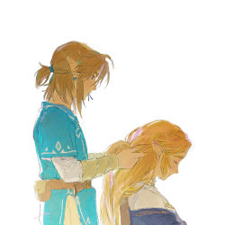 Rule 34 | 1boy, 1girl, belt, blonde hair, blue eyes, blue tunic, braid, braiding hair, clenched hand, earrings, hair between eyes, hair tie in mouth, hairdressing, hand in another&#039;s hair, head down, highres, jewelry, link, lip (lih8), long hair, long sleeves, looking at another, medium hair, mouth hold, nintendo, parted bangs, pointy ears, princess zelda, shirt, short ponytail, short sleeves, sidelocks, smirk, the legend of zelda, the legend of zelda: breath of the wild, thick eyebrows, upper body, white background, white shirt
