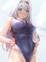 Rule 34 | 1girl, aga marino, alternate costume, bare shoulders, blush, breasts, brown eyes, clothes pull, competition swimsuit, covered erect nipples, covered navel, hairband, headband, kantai collection, large breasts, long hair, one-piece swimsuit, one-piece swimsuit pull, open mouth, red headband, shoukaku (kancolle), solo, swimsuit, white hair