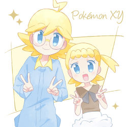 Rule 34 | 1boy, 1girl, ahoge, akasaka (qv92612), bare arms, blonde hair, blue eyes, blue jumpsuit, bonnie (pokemon), brother and sister, brown shirt, clemont (pokemon), closed mouth, commentary request, copyright name, creatures (company), double v, eyelashes, game freak, glasses, highres, jumpsuit, looking at viewer, medium hair, neck ribbon, nintendo, open mouth, pokemon, pokemon xy, ribbon, shirt, siblings, skirt, smile, sparkle, tongue, v, white skirt