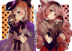 2girls :o absurdres animal_ears black_bow black_gloves black_hairband blue_eyes blush bokujou_monogatari bokujou_monogatari_2 bow braid cape cat_ears cat_girl character_doll cliff_(bokujou_monogatari) fangs gloves gray_(bokujou_monogatari) hairband halloween happy_halloween hat highres long_hair looking_at_object looking_at_viewer multiple_girls orange_hair pink_hair popuri_(bokujou_monogatari) puffy_short_sleeves puffy_sleeves purple_cape ran_(bokujou_monogatari) red_eyes roji_(c2263r) short_sleeves upper_body witch_hat