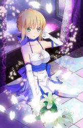 Rule 34 | 1girl, ahoge, artoria pendragon (all), artoria pendragon (fate), bad id, bad pixiv id, blonde hair, bouquet, cleavage cutout, clothing cutout, dress, elbow gloves, fate/unlimited codes, fate (series), flower, gloves, green eyes, highres, lily (flower), official alternate costume, saber (fate), saber (pure night dress) (fate), saber lily, short dress, solo, thighhighs, tianya beiming, white dress