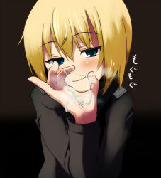 Rule 34 | 1girl, atahuta, bad id, bad pixiv id, black background, blonde hair, blue eyes, blush, cum, cum on hands, eating, erica hartmann, fellatio gesture, female focus, gokkun, naughty face, petite, saliva, sexually suggestive, short hair, solo, strike witches, text focus, translated, upper body, world witches series