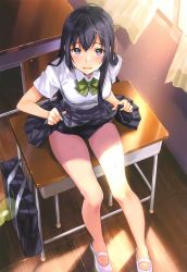 Rule 34 | 1girl, bag, black eyes, black hair, black skirt, blouse, bow, bowtie, chair, clothes lift, commentary request, curtains, desk, full body, green bow, green bowtie, highres, lifted by self, long hair, looking at viewer, no socks, non-web source, on desk, one-piece swimsuit, open mouth, original, pleated skirt, school bag, school chair, school desk, school swimsuit, school uniform, shirt, shoes, sitting, skirt, skirt lift, solo, swimsuit, swimsuit under clothes, table, tan (tangent), uwabaki, white shirt, window