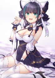Rule 34 | 1girl, :d, animal ears, aqua eyes, azur lane, bare shoulders, black dress, black footwear, black hair, breasts, cat, cheshire (azur lane), cleavage, detached sleeves, dress, fake animal ears, fang, garter straps, hand up, headdress, high heels, highres, kon (k0n16), large breasts, looking at viewer, maid, maid headdress, multicolored hair, nail polish, neck ribbon, open mouth, ribbon, short hair, sitting, smile, solo, streaked hair, thighhighs, wariza, white background, white thighhighs, wing collar, zettai ryouiki
