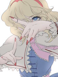 Rule 34 | 1girl, 3d, alice margatroid, blonde hair, blue eyes, capelet, chromatic aberration, dress, fingernails, hairband, jewelry, nail polish, puppet rings, puppet strings, ring, short hair, solo, string, touhou, yuura