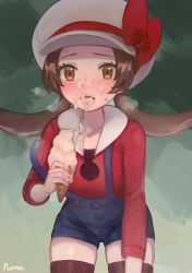 Rule 34 | 1girl, absurdres, bad id, blush, brown eyes, brown hair, brown thighhighs, collarbone, commentary, creatures (company), eyelashes, food, food on face, game freak, hat, hat ribbon, heart, highres, holding, ice cream, ice cream cone, ice cream on face, leaning forward, long hair, lyra (pokemon), nintendo, norza, open mouth, overalls, pokemon, pokemon hgss, red shirt, revision, ribbon, sexually suggestive, shirt, signature, sleeves past elbows, solo, suggestive fluid, suspenders, suspenders slip, teeth, thighhighs, tongue, twintails, upper teeth only, white hat