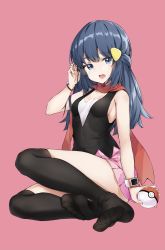Rule 34 | 1girl, black thighhighs, black vest, blue eyes, blue hair, breasts, creatures (company), dawn (pokemon), feet, full body, game freak, hair ornament, highres, holding, hyouta (yoneya), long hair, looking at viewer, miniskirt, nintendo, no headwear, open mouth, over-kneehighs, pink background, pink skirt, pleated skirt, poke ball, pokemon, pokemon dppt, poketch, simple background, sitting, skirt, small breasts, solo, thighhighs, vest, watch, wristwatch