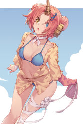 Rule 34 | 1girl, :o, bandaged leg, bandages, bent over, bikini, blue background, blue bikini, blue eyes, blue sky, breasts, choker, cleavage, cloud, cloudy sky, day, double bun, dutch angle, fate/grand order, fate (series), frankenstein&#039;s monster (fate), frankenstein&#039;s monster (swimsuit saber) (fate), hair bun, hair ornament, hairpin, headgear, heterochromia, highres, horns, leaning forward, leg wrap, long sleeves, looking at viewer, medium breasts, navel, nian (zhanian), nose, off shoulder, outdoors, parted bangs, pink hair, ribbon, ribbon choker, short hair, single horn, single sleeve, sky, sleeves past wrists, solo, swimsuit, white neckwear, yellow eyes