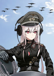 Rule 34 | 1girl, absurdres, aircraft, airplane, belt, chinese commentary, choker, commentary request, cross, day, girls&#039; frontline, gloves, hat, headphones, highres, iron cross, kar98k (girls&#039; frontline), long hair, military, military hat, military uniform, peaked cap, pk-971, red eyes, silver hair, sky, solo, throat microphone, uniform, upper body