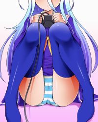 Rule 34 | 10s, 1girl, animated, animated gif, black panties, blue hair, blue panties, controller, dr rex, game controller, long hair, no game no life, panties, pantyshot, polka dot, polka dot panties, red panties, ribbon, school uniform, shiro (no game no life), silver hair, sitting, solo, striped clothes, striped panties, thighhighs, underwear, white panties, yellow panties