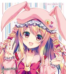 Rule 34 | 1girl, :d, animal hat, badge, beret, blue eyes, blush, bow, bowtie, braid, brown hair, button badge, choker, collarbone, commentary request, fingernails, hair between eyes, hair bow, hair ribbon, hat, head tilt, long sleeves, looking at viewer, mizuki yuuma, open mouth, original, pink bow, pink hat, pink shirt, puffy long sleeves, puffy sleeves, rabbit, rabbit hat, red bow, red bowtie, red ribbon, ribbon, shirt, sidelocks, smile, solo, striped, striped background, twin braids, vertical stripes, white choker