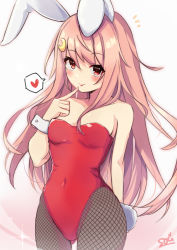 Rule 34 | 1girl, animal ears, artist name, bad anatomy, bad arm, black pantyhose, blush, closed mouth, cowboy shot, crescent, crescent hair ornament, fake animal ears, fake tail, fishnet pantyhose, fishnets, gradient background, hair ornament, heart, kantai collection, leotard, long hair, pantyhose, pink hair, rabbit ears, rabbit tail, red eyes, red leotard, signature, smile, solo, sou (soutennkouchi), spoken heart, tail, tongue, tongue out, uzuki (kancolle), very long hair