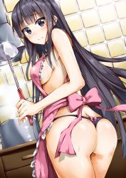 Rule 34 | 1girl, 3:, apron, ass, black eyes, black hair, blush, bow, breasts, cooking, cowboy shot, dutch angle, from behind, glint, highres, hinabita, holding, kuria (clear trip second), ladle, long hair, looking back, medium breasts, nearly naked apron, pink apron, pink bow, pot, shimotsuki rin, sideboob, solo, steam, sweat, tears, thong, tile wall, tiles, very long hair, wedgie