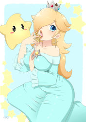 Rule 34 | 1girl, 1other, absurdres, bare shoulders, blonde hair, blue background, blue dress, blue eyes, border, collarbone, crown, dress, earrings, hair over one eye, highres, jewelry, lips, long hair, long sleeves, luma (mario), mario (series), med, nintendo, open mouth, rosalina, simple background, spookypandagirl, star (symbol), star earrings, super mario galaxy, teeth, tongue, tongue out, upper teeth only, wand, white border