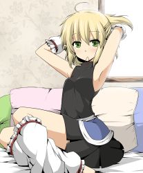 Rule 34 | 1girl, absurdres, adjusting hair, ahoge, arm warmers, armpits, arms up, blonde hair, female focus, green eyes, hairdressing, highres, leg warmers, mizuhashi parsee, mouth hold, pillow, pointy ears, ribbon, ribbon in mouth, rubber band, sitting, sleeveless, sleeveless turtleneck, solo, suna (sunaipu), sunaipu, touhou, turtleneck