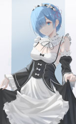 1girl apron bad_id bad_pixiv_id black_bow black_ribbon black_skirt black_sleeves blue_eyes blue_hair bow breasts cathy_idx cleavage closed_mouth detached_collar detached_sleeves flower hair_flower hair_ornament hair_over_one_eye hair_ribbon head_wreath long_skirt medium_breasts neck_ribbon pink_ribbon re:zero_kara_hajimeru_isekai_seikatsu rem_(re:zero) ribbon ribbon-trimmed_sleeves ribbon_trim roswaal_mansion_maid_uniform short_hair skirt skirt_hold smile solo spaghetti_strap standing underbust waist_apron white_apron white_bow white_flower