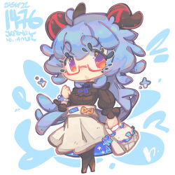 Rule 34 | 1girl, :o, black bow, black shirt, bow, bracelet, breasts, chibi, clenched hand, cowlick, floating hair, ganyu (china merchants bank) (genshin impact), ganyu (genshin impact), genshin impact, glasses, grey skirt, highres, horns, jewelry, jrpencil, long hair, looking to the side, medium breasts, official alternate costume, open mouth, purple eyes, shirt, shirt tucked in, skirt, solo, thick eyebrows, very long hair