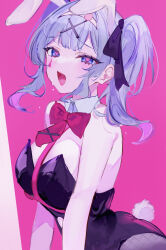 Rule 34 | 1girl, absurdres, animal ears, black leotard, blue eyes, blue hair, blush, breasts, commentary, detached collar, english commentary, fake animal ears, fake tail, hatsune miku, heart, heart-shaped pupils, highres, leotard, looking at viewer, medium breasts, medium hair, mile (off8mile), open mouth, pantyhose, pink theme, playboy bunny, rabbit ears, rabbit hole (vocaloid), rabbit tail, smile, solo, symbol-shaped pupils, tail, twintails, vivi (eve no hakoniwa), vocaloid