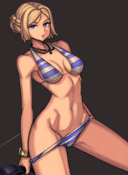 Rule 34 | 1girl, bad id, bad pixiv id, bikini, blonde hair, blue bikini, blue eyes, bracelet, braid, breasts, brown background, character name, closers, clothes pull, clyde s, commentary request, cowboy shot, halterneck, highres, irina petrovona, jewelry, korean text, looking at viewer, medium breasts, multicolored bikini, multicolored clothes, navel, necklace, one-piece swimsuit pull, short hair, sideboob, simple background, solo, striped bikini, striped clothes, swimsuit, underboob, white bikini
