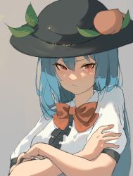 Rule 34 | 1girl, absurdres, blue hair, blush, closed mouth, commentary request, crossed arms, highres, hinanawi tenshi, kinoko (kino2435006), long hair, looking at viewer, pout, red eyes, solo, touhou