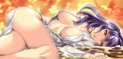 Rule 34 | 1girl, bare legs, bottomless, breasts, cleavage, female focus, highres, large breasts, looking at viewer, lying, navel, no bra, parted lips, partially submerged, purple eyes, purple hair, red eyes, saburou (hgmg), short hair, solo, touhou, wet, wet clothes, yasaka kanako