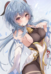 Rule 34 | 1girl, absurdres, adjusting clothes, bare shoulders, bell, black pantyhose, blue hair, blush, bodystocking, bodysuit, bodysuit under clothes, breasts, cowbell, detached sleeves, floating hair, ganyu (genshin impact), genshin impact, goat horns, gold trim, grey background, highres, horns, large breasts, long hair, long sleeves, looking at viewer, maruro, neck bell, pantyhose, parted lips, pelvic curtain, ponytail, purple eyes, sideboob, sidelocks, solo, white sleeves