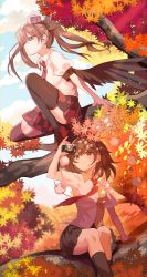 Rule 34 | 2girls, absurdres, arm support, autumn leaves, bird wings, black skirt, black thighhighs, branch, brown eyes, brown hair, camera, checkered clothes, checkered skirt, chinese commentary, closed mouth, cloud, collared shirt, commentary request, day, feathered wings, geta, hat, highres, himekaidou hatate, holding, holding camera, kanta (pixiv9296614), leaf, long hair, looking afar, maple leaf, medium hair, multiple girls, necktie, pom pom (clothes), puffy short sleeves, puffy sleeves, purple headwear, purple necktie, red footwear, red headwear, red necktie, red skirt, shameimaru aya, shirt, short sleeves, sitting, skirt, sky, smile, tengu-geta, thighhighs, tokin hat, touhou, twintails, two-tone skirt, white shirt, wings