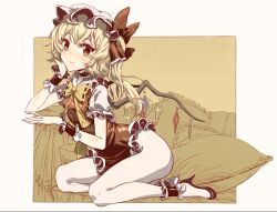 Rule 34 | 1girl, adapted costume, blonde hair, border, bow, bowtie, breasts, brown background, closed mouth, flandre scarlet, frilled pillow, frilled shirt collar, frilled skirt, frilled sleeves, frills, from side, full body, hair bow, hand on own cheek, hand on own face, hat, high heels, highres, light smile, limited palette, long hair, looking at viewer, looking to the side, mob cap, multicolored wings, no socks, one side up, pillow, puffy short sleeves, puffy sleeves, red bow, red skirt, red vest, shirt, short sleeves, skirt, small breasts, solo, touhou, vest, white border, white hat, white shirt, wings, wrist cuffs, xinjinjumin, yellow bow, yellow bowtie