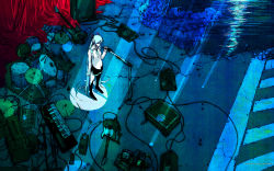 Rule 34 | 1girl, amplifier, bare shoulders, blue theme, cable, female focus, full body, green hair, guitar, hatsune miku, highres, instrument, keyboard (instrument), long hair, messy, microphone, microphone stand, mikumix, ruins, skirt, solo, spotlight, standing, fender telecaster, thighhighs, twintails, very long hair, vocaloid, wallpaper, water, yuroy kawano
