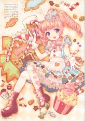 Rule 34 | 1girl, :d, absurdres, apron, argyle, argyle background, argyle clothes, asaki yuzuno, bloomers, boots, bow, candy, candy cane, checkerboard cookie, cookie, cupcake, dress, drill hair, food, food-themed clothes, frilled apron, frilled gloves, frills, full body, gingerbread house, gingerbread man, gloves, hat, heart-shaped food, highres, holding, holding candy, holding candy cane, holding food, lolita fashion, looking at viewer, mini hat, mini top hat, open mouth, pantyhose, petticoat, pink hair, print dress, print pantyhose, puffy short sleeves, puffy sleeves, purple eyes, ribbon, scan, scan artifacts, short sleeves, sidelocks, smile, solo, striped clothes, striped dress, sweet lolita, thumbprint cookie, top hat, twin drills, twintails, underwear, vertical-striped clothes, vertical-striped dress, white gloves, white pantyhose, yuzuno asaki