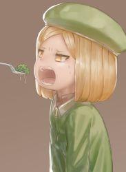 Rule 34 | 1girl, beret, blonde hair, broccoli, brown background, brown eyes, fate/grand order, fate (series), forehead, fork, green hat, green jacket, hat, highres, jacket, looking away, monosenbei, open mouth, parsley, parted bangs, paul bunyan (fate), sharp teeth, simple background, solo, sweat, teeth, upper body, v-shaped eyebrows