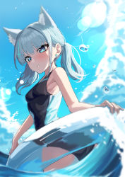 Rule 34 | 1girl, absurdres, animal ear fluff, animal ears, bada (jksh5056), bare shoulders, black one-piece swimsuit, blue archive, blue eyes, blue one-piece swimsuit, blue sky, blush, breasts, competition swimsuit, cross hair ornament, extra ears, grey hair, hair ornament, halo, highleg, highleg swimsuit, highres, innertube, lens flare, looking at viewer, looking back, medium hair, one-piece swimsuit, open mouth, parted lips, ponytail, shiroko (blue archive), shiroko (swimsuit) (blue archive), sky, small breasts, solo, swim ring, swimsuit, thighs, twintails, two-tone swimsuit, water, wolf ears
