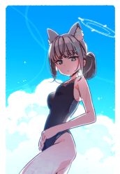 Rule 34 | 1girl, animal ear fluff, animal ears, bad id, bad twitter id, black one-piece swimsuit, blue archive, blue eyes, blue sky, breasts, cloud, competition swimsuit, cowboy shot, cross hair ornament, extra ears, grey hair, hair ornament, halo, highres, medium hair, mismatched pupils, multicolored clothes, multicolored swimsuit, one-piece swimsuit, shiroko (blue archive), shiroko (swimsuit) (blue archive), sky, small breasts, solo, swimsuit, yoru nai
