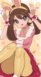 Rule 34 | 1girl, :d, animal ears, breasts, brown hair, choker, commentary request, creatures (company), eyelashes, game freak, grey eyes, hairband, highres, knees, knees together feet apart, long hair, looking at viewer, may (pokemon), may (spring 2021) (pokemon), nintendo, nuneno, official alternate costume, open mouth, pantyhose, pink choker, pokemon, pokemon masters ex, rabbit ears, rabbit pose, smile, solo, yellow hairband, yellow pantyhose