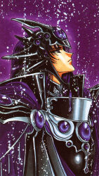 1990s_(style) 1boy armor black_eyes black_hair clamp cloak expressionless headgear highres long_hair looking_up magic_knight_rayearth male_focus official_art purple_theme retro_artstyle scan serious solo zagato zagato_(rayearth)