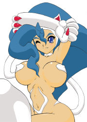 Rule 34 | 1girl, akakabe shihon, animal hands, armpits, big hair, blue eyes, blue hair, breasts, capcom, claws, covered erect nipples, felicia (vampire), gloves, groin, large breasts, long hair, looking at viewer, matching hair/eyes, midriff, navel, paw gloves, ponytail, revealing clothes, simple background, sitting, solo, stomach, vampire (game), very long hair, white background