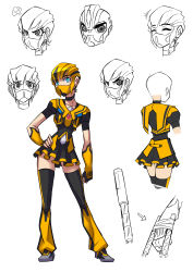 Rule 34 | 1girl, blonde hair, bumblebee, character sheet, female focus, gender request, genderswap, gloves, highres, mask, partially colored, personification, ryuusei (mark ii), school uniform, simple background, skirt, solo, thighhighs, transformers, transformers prime, white background