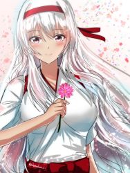 Rule 34 | 1girl, absurdres, blush, flower, flower request, hairband, highres, holding, holding flower, kantai collection, long hair, looking at viewer, one-hour drawing challenge, purple eyes, red hairband, roko roko (doradorazz), shoukaku (kancolle), smile, solo, twitter username, upper body, white hair