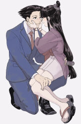 Rule 34 | 1boy, 1girl, ace attorney, black hair, blue jacket, blue pants, collared shirt, formal, full body, hair ornament, hand on another&#039;s leg, hands on another&#039;s face, hanten (clothes), highres, jacket, japanese clothes, kimono, loafers, long hair, long sleeves, looking at another, maya fey, necktie, omen hohoho, pants, phoenix wright, pink sash, purple jacket, red necktie, sandals, sash, shirt, shoes, short hair, short kimono, simple background, sitting, sitting on person, smile, spiked hair, suit, white shirt, zouri