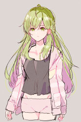 Rule 34 | 1girl, ahoge, black camisole, braid, camisole, closed mouth, collarbone, cropped legs, green eyes, green hair, grey background, groin, hair between eyes, highres, jacket, long hair, long sleeves, looking at viewer, meito (maze), morinaka kazaki, multicolored hair, nijisanji, open clothes, open jacket, pink jacket, pink shorts, purple hair, short shorts, shorts, simple background, sleeves past wrists, solo, striped clothes, striped jacket, two-tone hair, very long hair, virtual youtuber