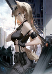 Rule 34 | 1girl, :d, animal ears, arknights, arm up, armband, armpits, bagpipe (arknights), bare shoulders, black gloves, black shirt, black tank top, blonde hair, breasts, building, character doll, commentary, cowboy shot, dragon horns, earpiece, english commentary, fingerless gloves, from side, gloves, green eyes, grey pants, grey sky, helmet, highres, horn (arknights), horns, long hair, medium breasts, midriff, motor vehicle, motorcycle, motorcycle helmet, open mouth, orange hair, orange skirt, outdoors, pants, pouch, profile, s2rid, shirt, skirt, sky, smile, solo focus, tail, tank top, wolf ears, wolf girl