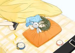 Rule 34 | 1girl, absurdres, alarm clock, bed, black shorts, blue bow, blue shirt, blush stickers, bow, cellphone, clock, closed eyes, feet out of frame, grey hair, highres, long sleeves, lying, messy hair, on side, original, pajamas, phone, pillow, sako (35s 00), shirt, short hair, shorts, sleeping, smartphone, solid circle eyes, solo, stuffed animal, stuffed rabbit, stuffed toy, under covers